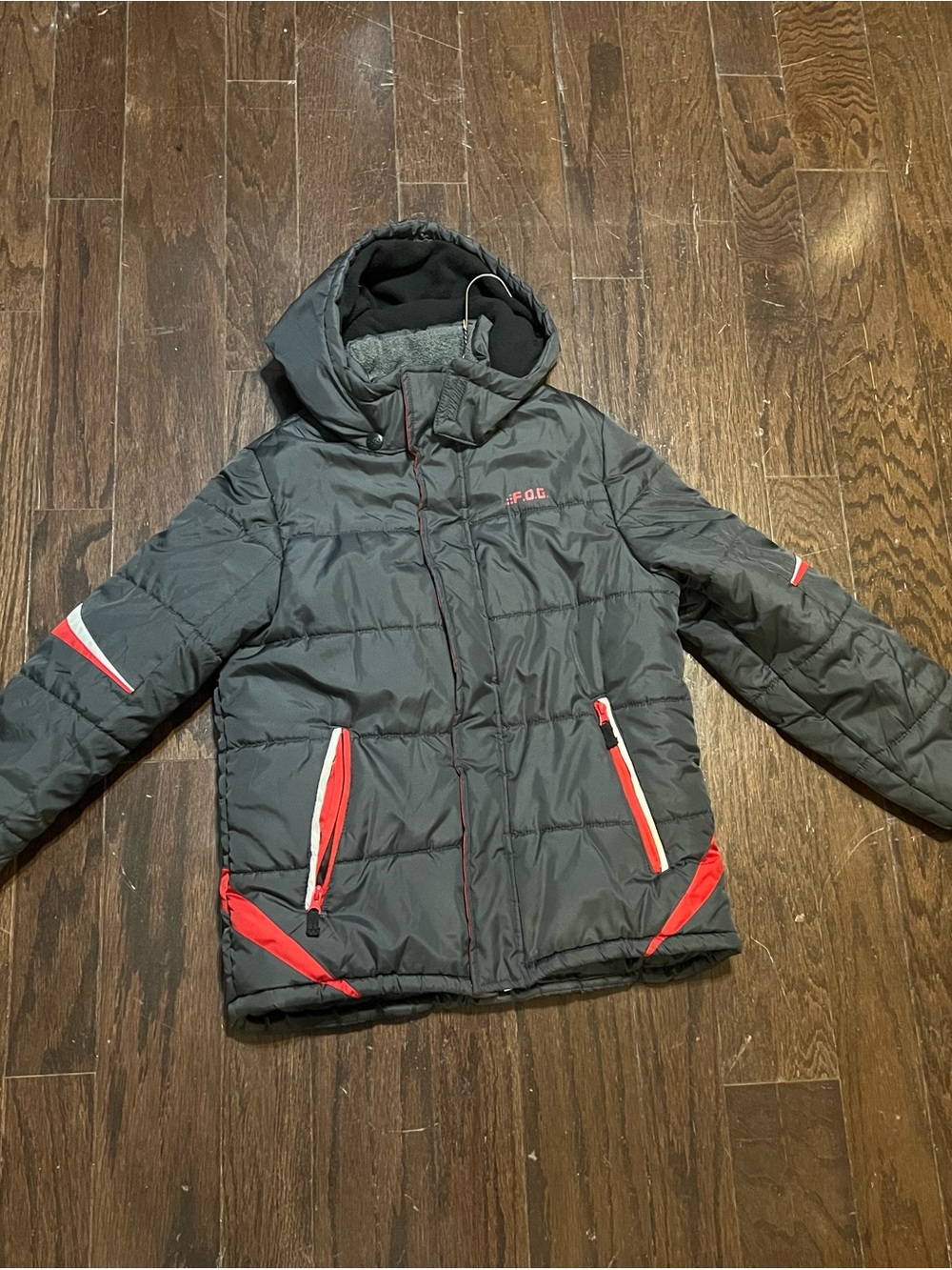 Kids Insulated Hooded Puffer Jacket - Gray with Red Accents
